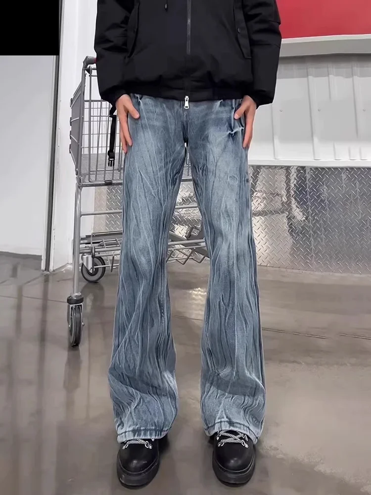 

American Lightning Pattern Fleece Lined Straight Leg Jeans Men's Autumn Winter Cleanfit Tall Size Extended Straight Cut Pants