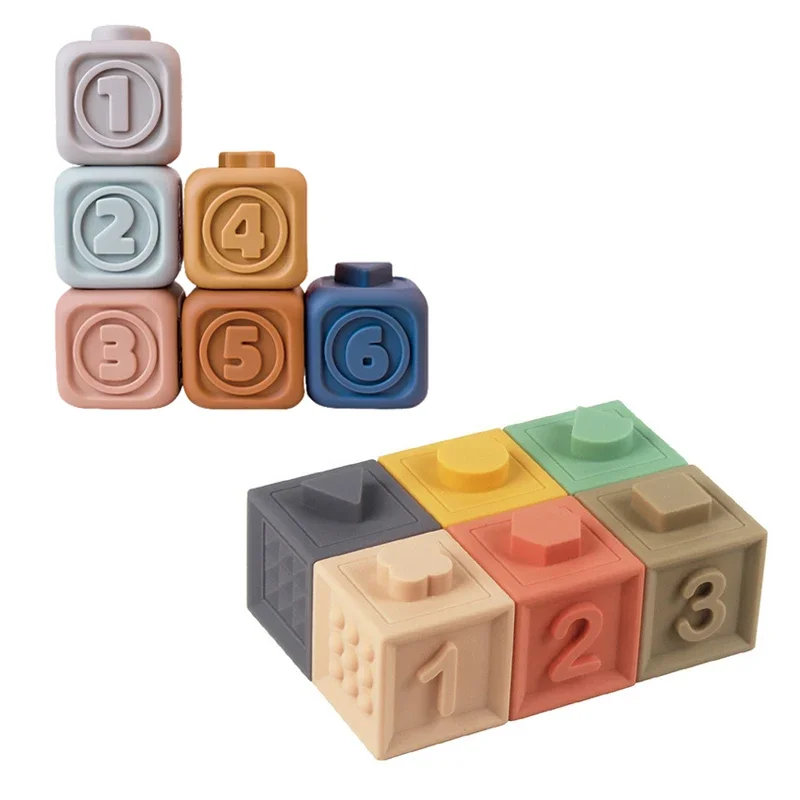Block Spielzeug Weiche Silikon Weiche Würfel Stapeln Turm Bad Beißring Rasseln Bausteine Montessori Pädagogisches Spielzeug Neugeborenen Geschenk