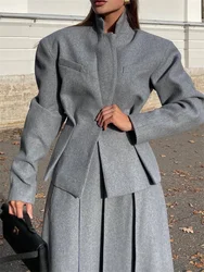 Elegant Grey Woolen Coat and Long Skirt Set Women Lapel Full Sleeve Jacket and A-line Pleated Skirt Lady Office Autumn Winter  O