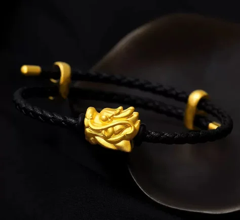 24k pure gold dragon charms hand string black leather bracelet 999 real gold dragon accessories