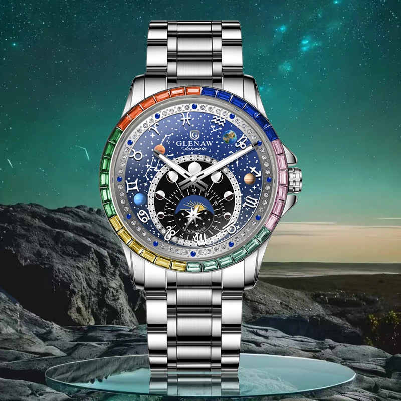 

GLENAW 2025 New Design Rainbow Circle Mechanical Watch Men Constellation dial Night Light Waterproof Top Luxury Mechanical Watch