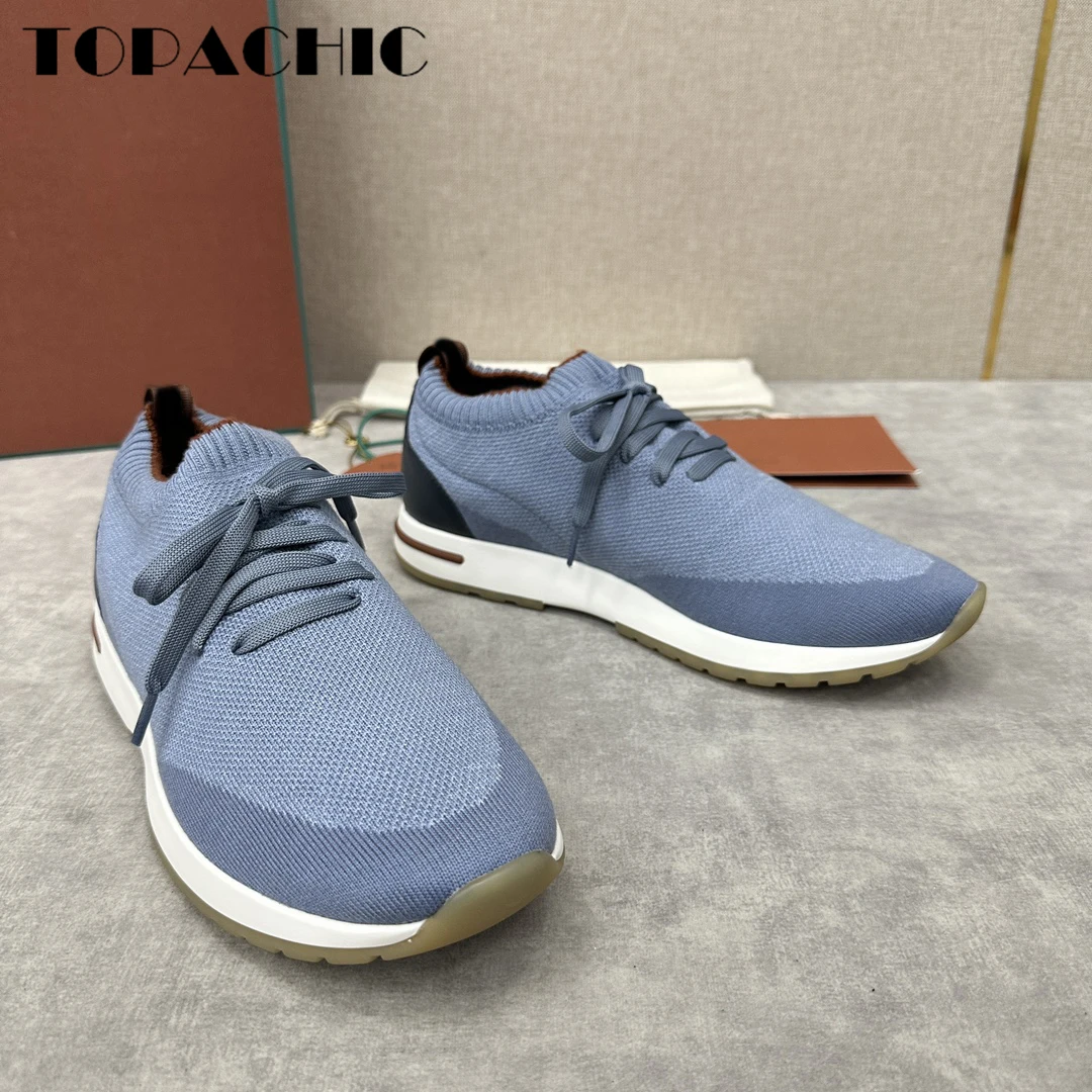 12.5 TOPACHIC Men\'s Knitted Breathable Comfortable Casual Shoes Lace-Up Solid Color Flat Sneakers Walking Shoes