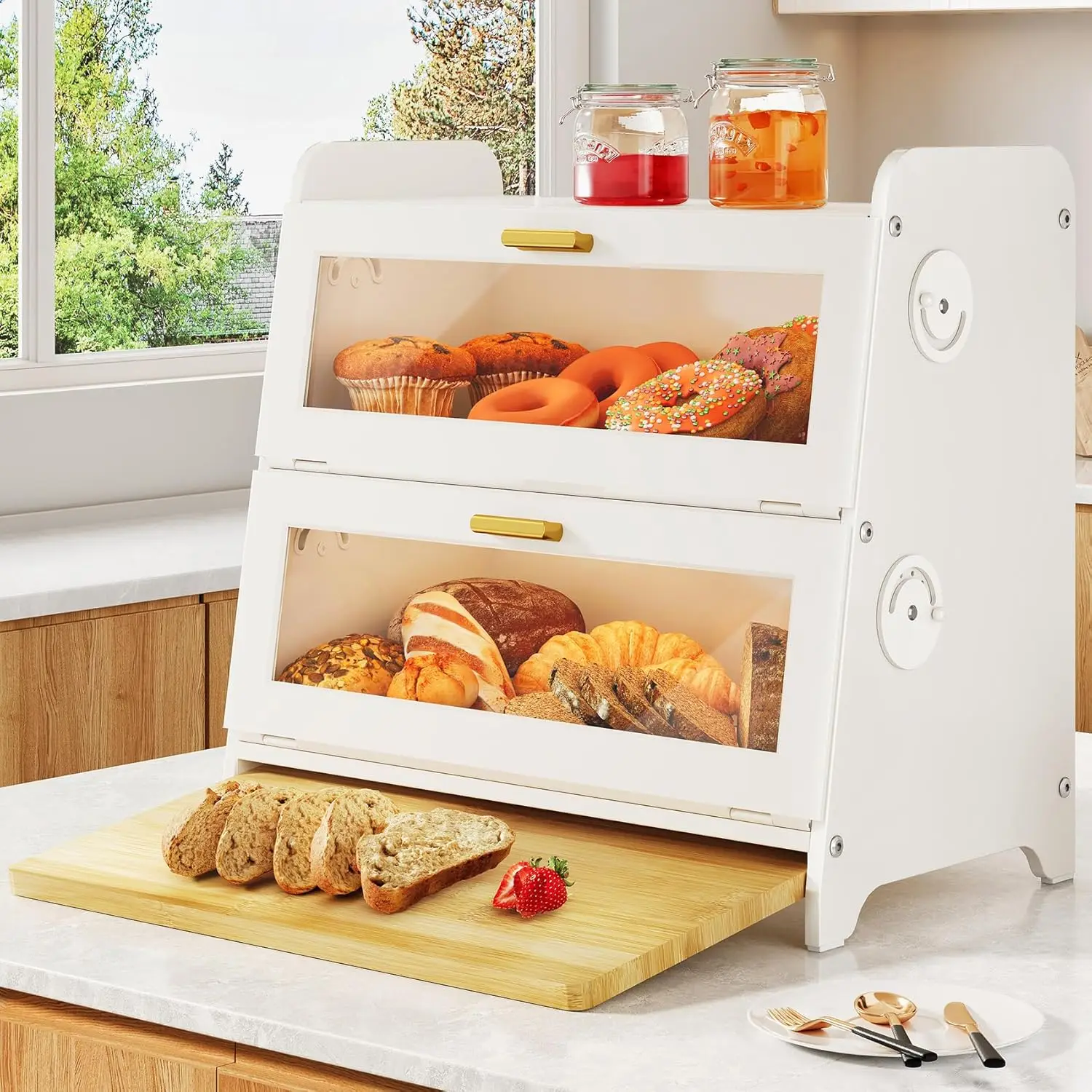 

Контейнер для хранения белого хлеба с регулируемыми вентиляционными отверстиями и бамбуковой разделочной доской для кухонной столешницы