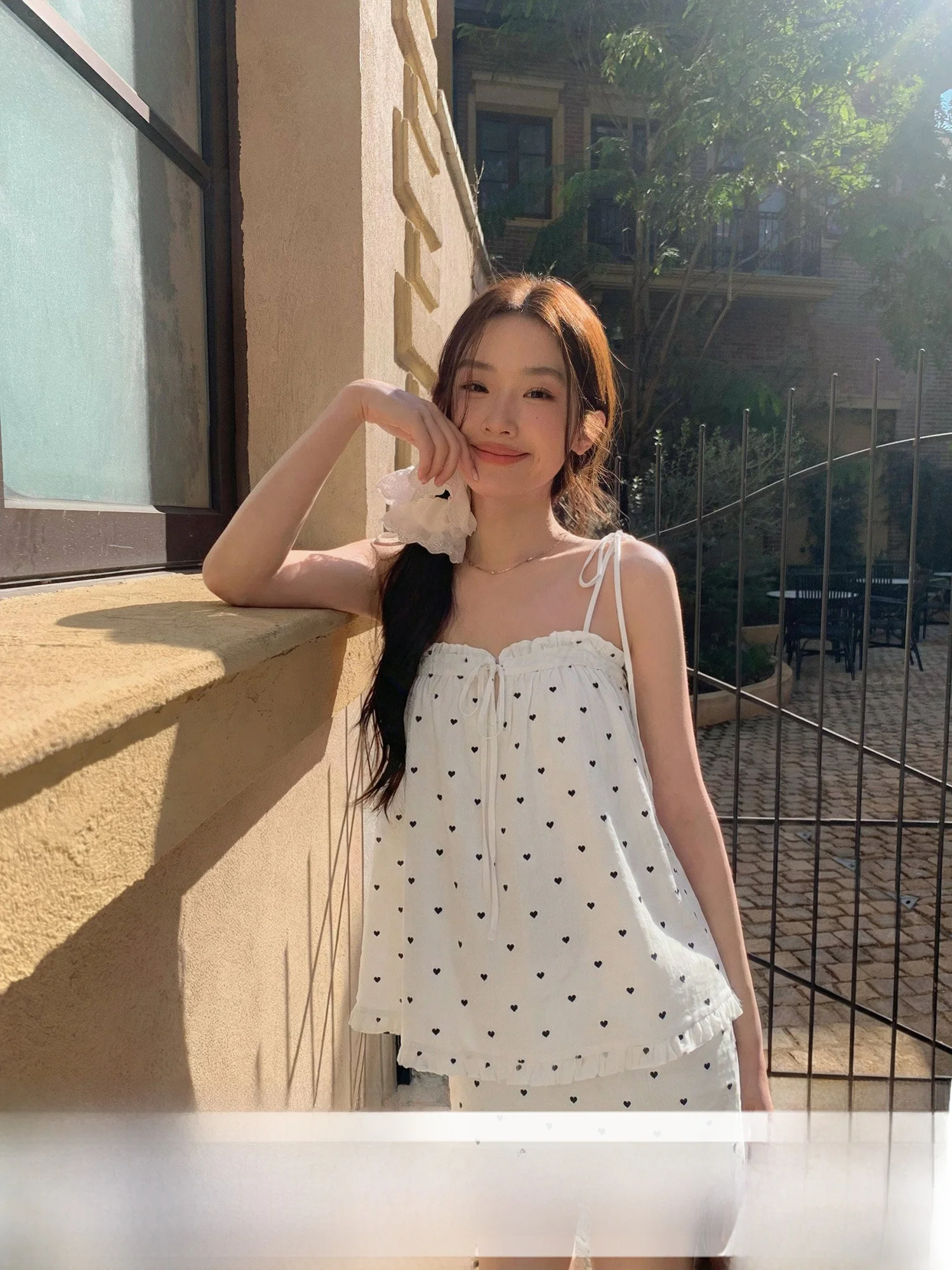 

White Polka Dot Adjustable Strap Top And A-Line Skirt Slimming Two-Piece Set for Women Summer Fashion Ensemble