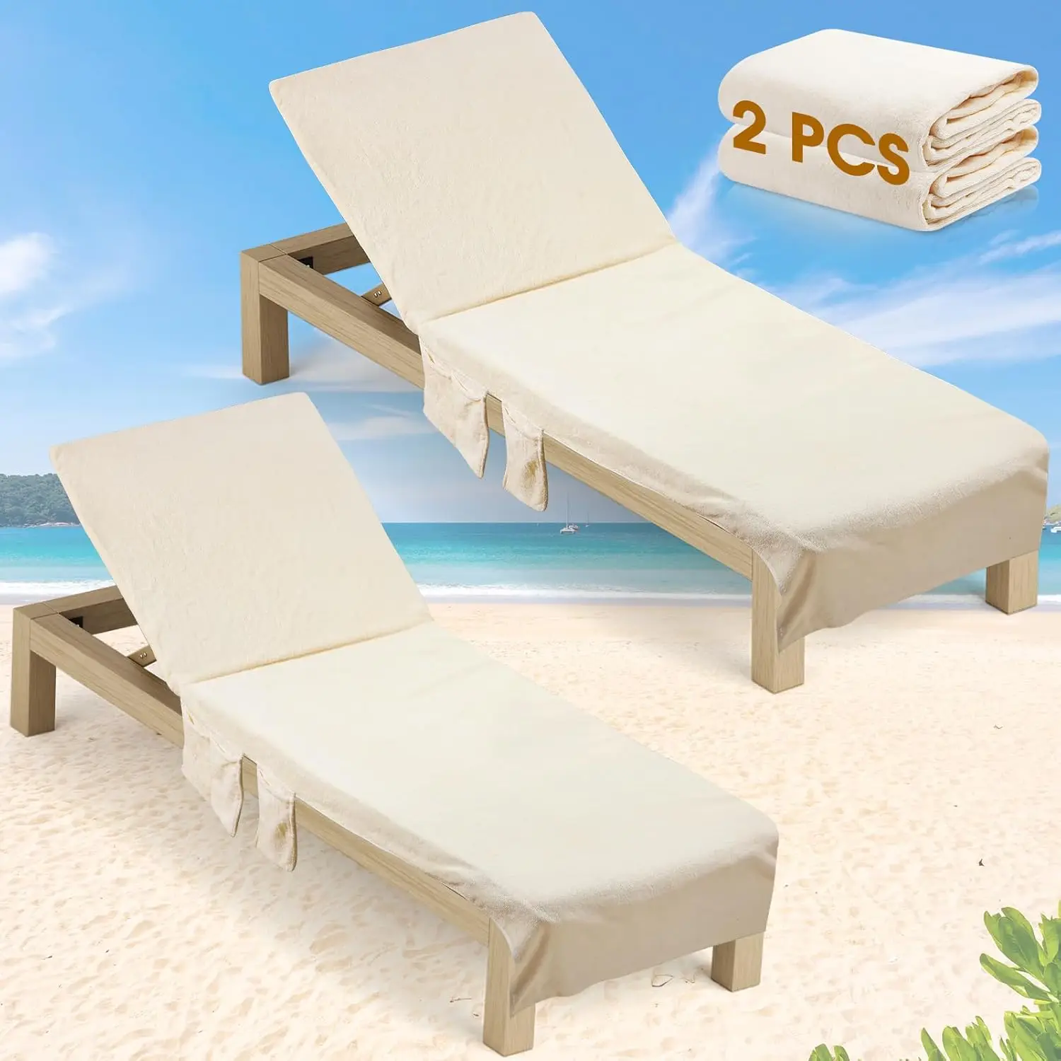 

2 Pcs Beach Chair Cover With Side Pockets Soft Lounge Chair Towels Cotton Microfiber Pool Lounge Chair Towel Covers With
