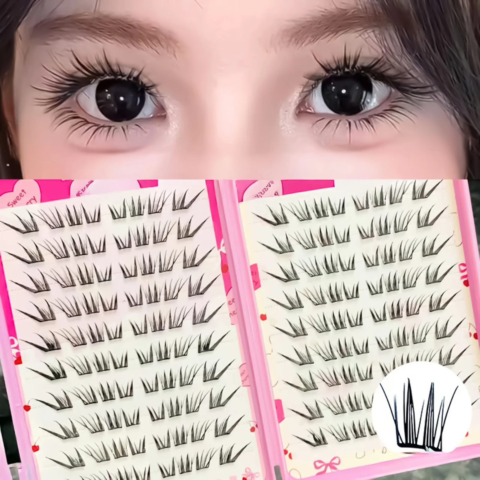 Clusters de pestañas individuales en forma de W sin pegamento, pestañas postizas negras de larga duración, autoadhesivas, extensión de pestañas cómicas de gran capacidad