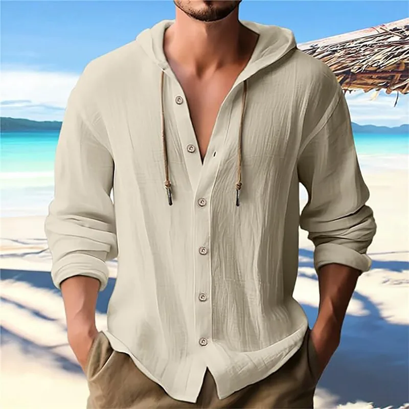 Autumn Men\'s Beach Travel Long sleeved Shirt Hooded Cotton Linen Solid Color Casual Drawstring Cardigan Loose T-shirt Hoodies