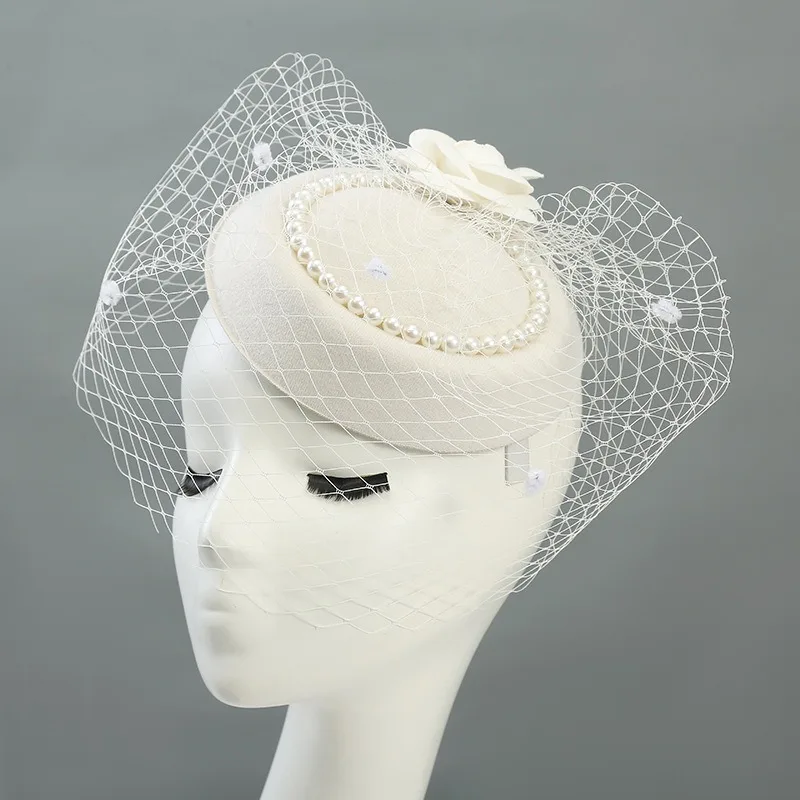 Women Veil Fascinator Hat with Clips，Feather Pearls Stewardess Cap Party Kentucky Derby Headpiece Photography