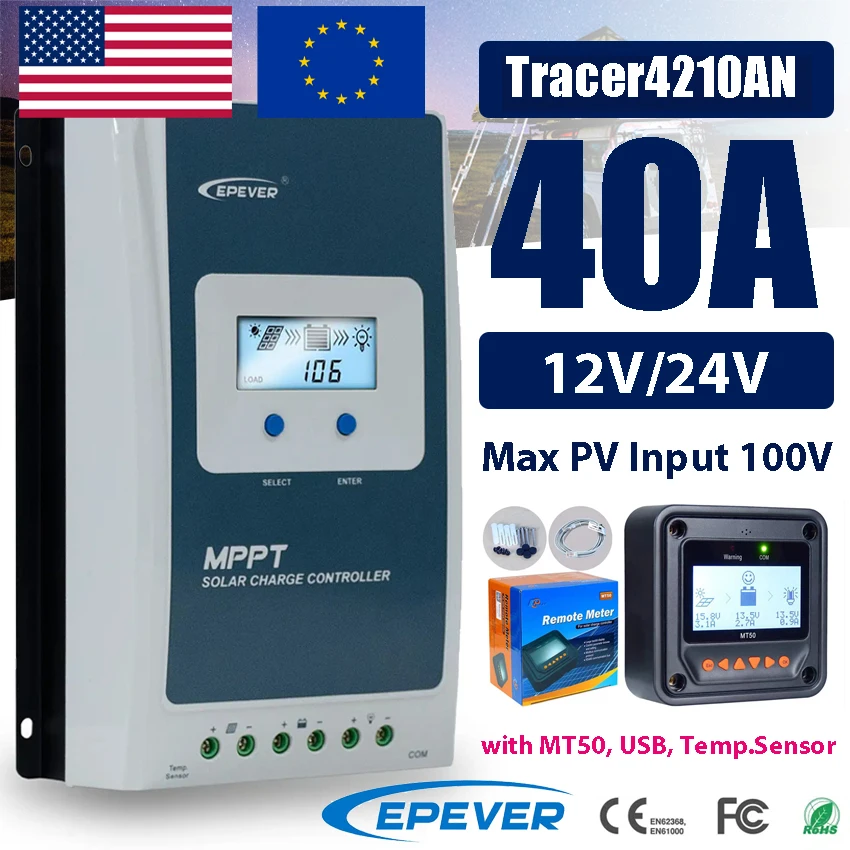 

EPEVER 40A MPPT Solar Controller Max PV Panel Input 100V 12/24V Auto with MT50 Adjust Parameter USB Sensor Cable Tracer4210AN