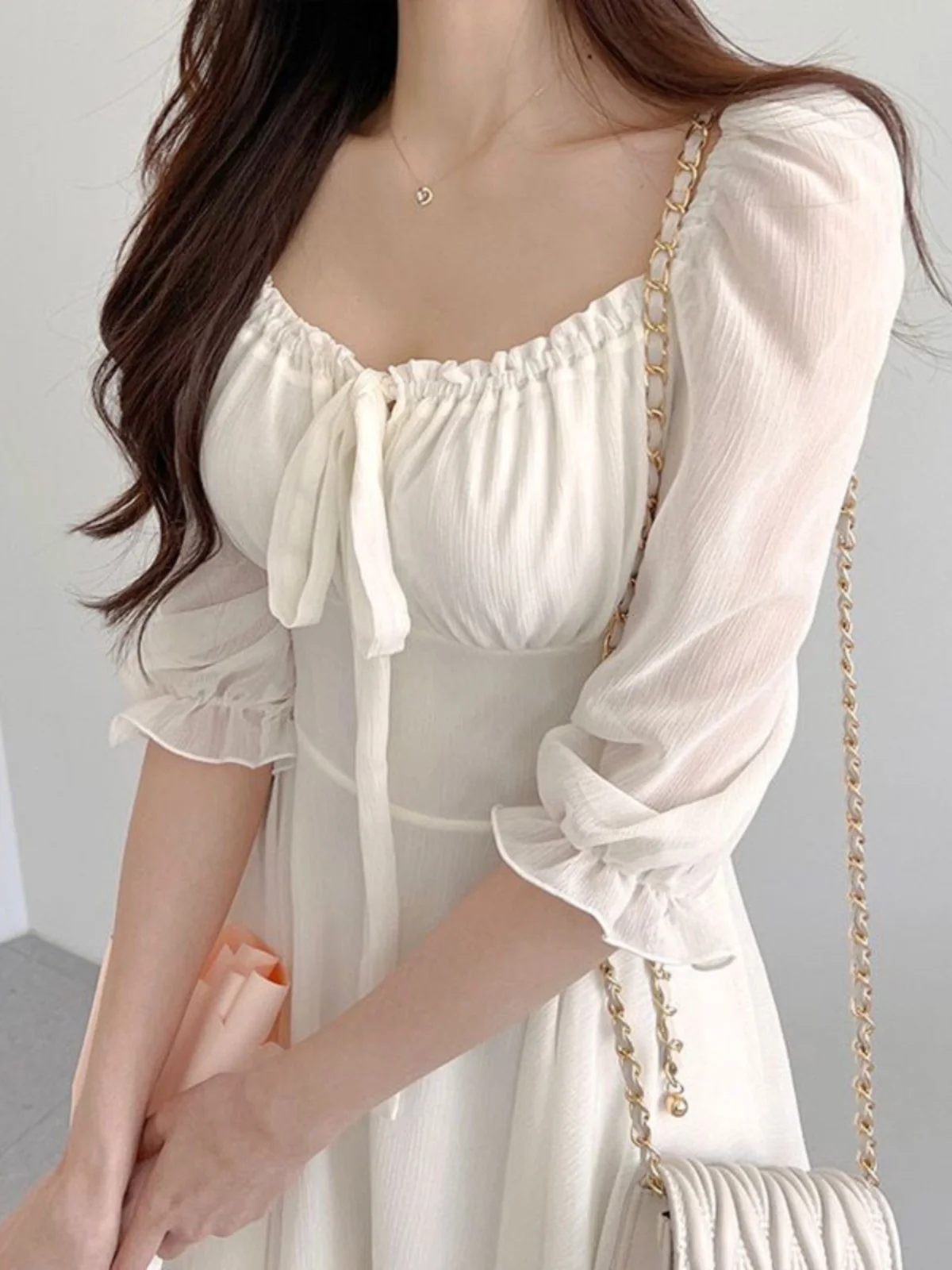 Chic White Summer New Sle Women's Dr Square Collarbone Exposure Bubble Sve Waist Cinching Midi Dr Korean Sle