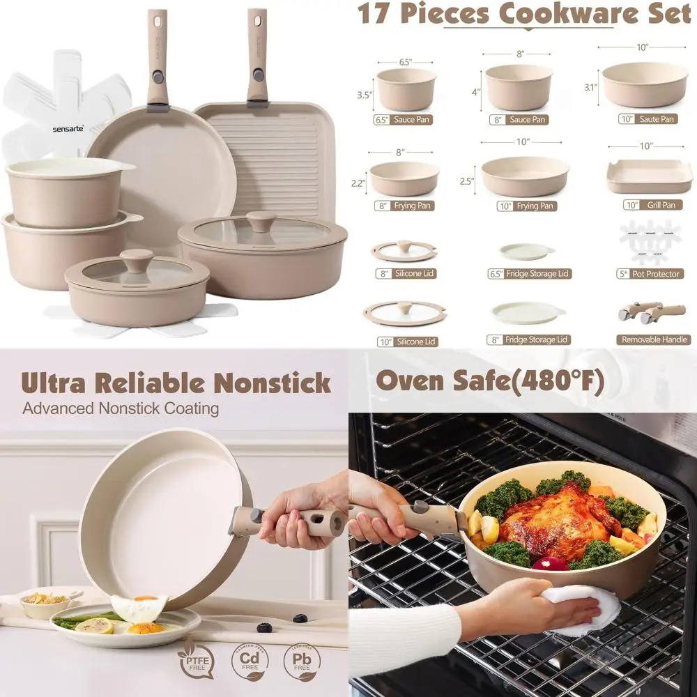 

Almond Beige 17-Piece Detachable Handle Nonstick Cookware Set, Induction Compatible, Oven & Dishwasher Safe