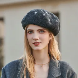 Eleganckie kobiety dziewczyny berety Cap francuski artysta ciepła, z wełny czapka zimowa kapelusz czarny Vintage Beret kapelusz kaszmirowy kropki wełniana czapka