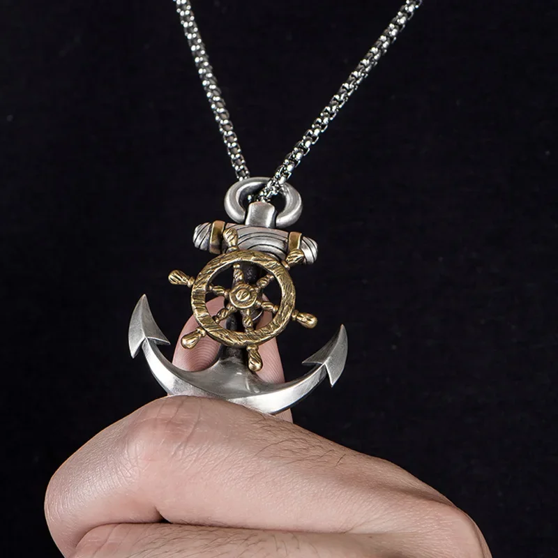 Vintage Punk Style Mythology Pirate Anchor Rudder Pendant Mens Neckalce Stainless Steel Jewelry