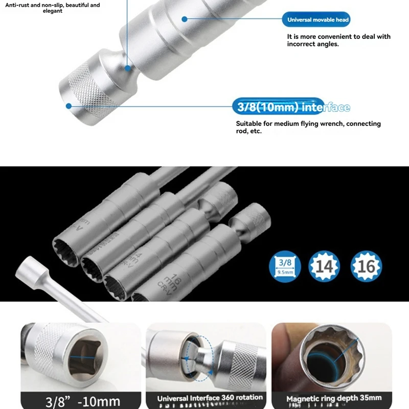 Extend Spark Plug Socket Wrench 12 Angle Repairing Removal Tool Thin Wall 3/8 Inch Drive Sockets Auto Repair Tool-AT64