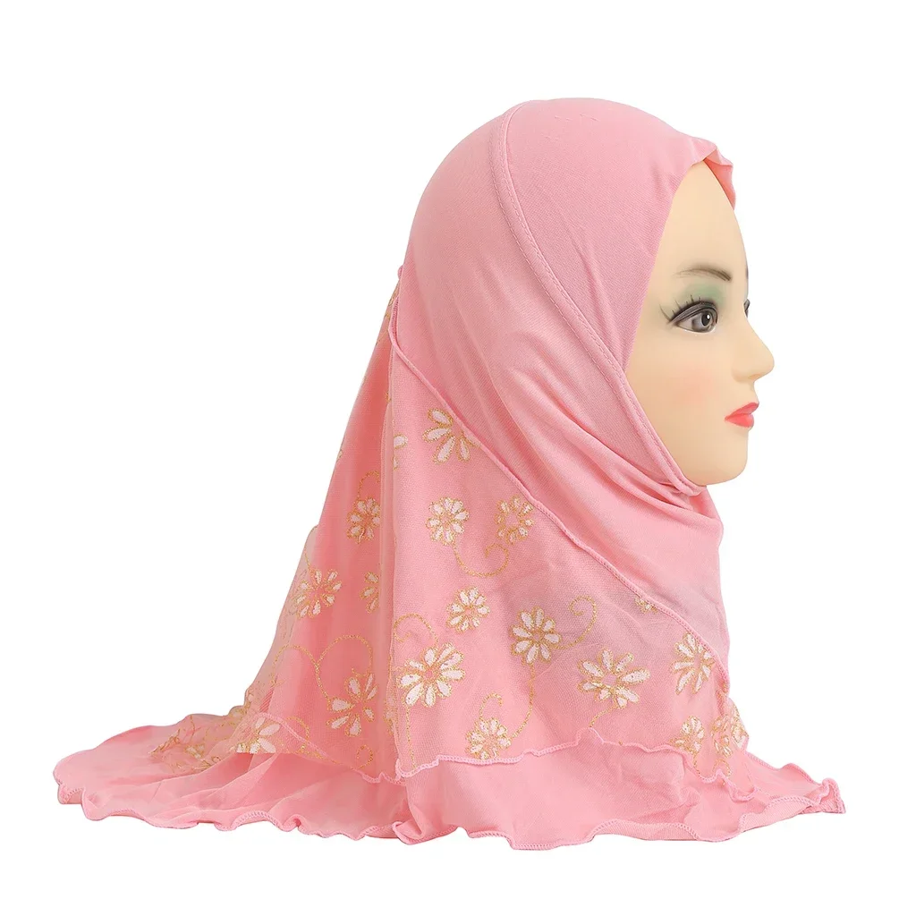 H043 Beautiful Little baby girl amira hijab with flower net fit 2-7 years old kids pull on islamic scarf head wrap turban cap