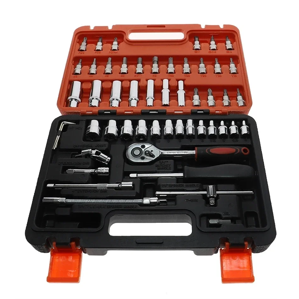 Car Repair Tool Set 53pcs 1/4 Inch Ratchet Socket Wrench with Quick Release Reversible Ratchet Handle and Extension Bar