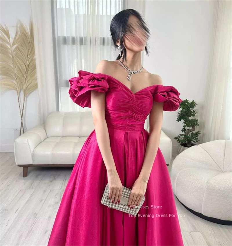 Xijun Fuschia Satin A Line Evening Dresses Cap Sleeves Prom Dresses Saudi Arabic Prom Gowns Floor Length Prom Dresses For Women