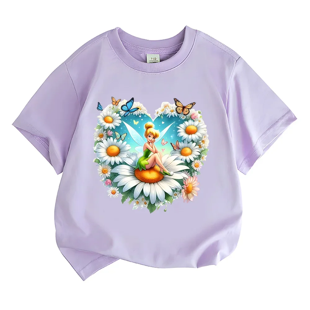 Tinker Bell Flowers Surround Anime Print T-shirts Sweet Girls Essential Cotton Tshirts Kids Short Sleeve Tops High Quality Tees