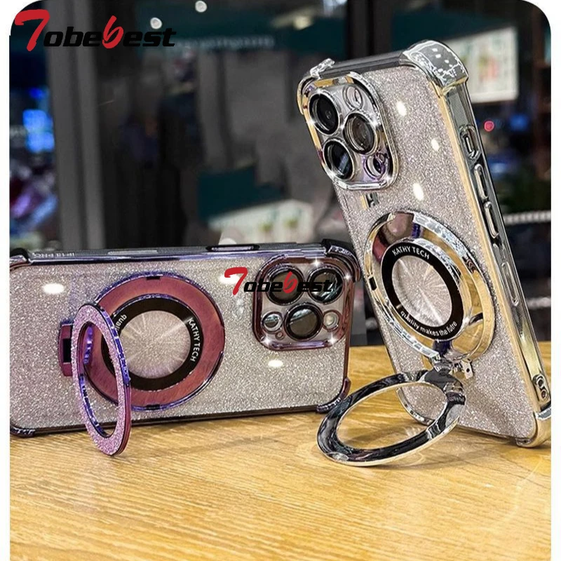 Shockproof Glitter Plating Crystal Bracelet Magsafe Phone Holder Case For Xiaomi Redmi Note 14 13 13R 12 11 10  9 Pro 4G 5G