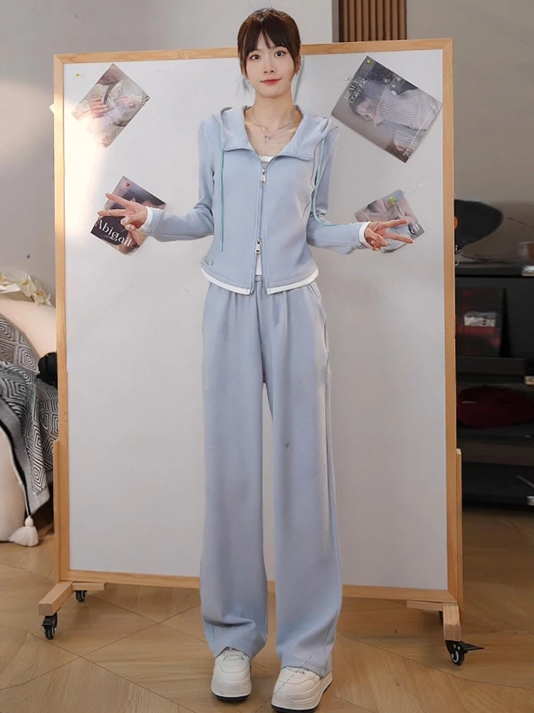 

Korean style fashionable sportswear casual two piece set women's autumn 2025 new hooded slim fit top+wide leg pants