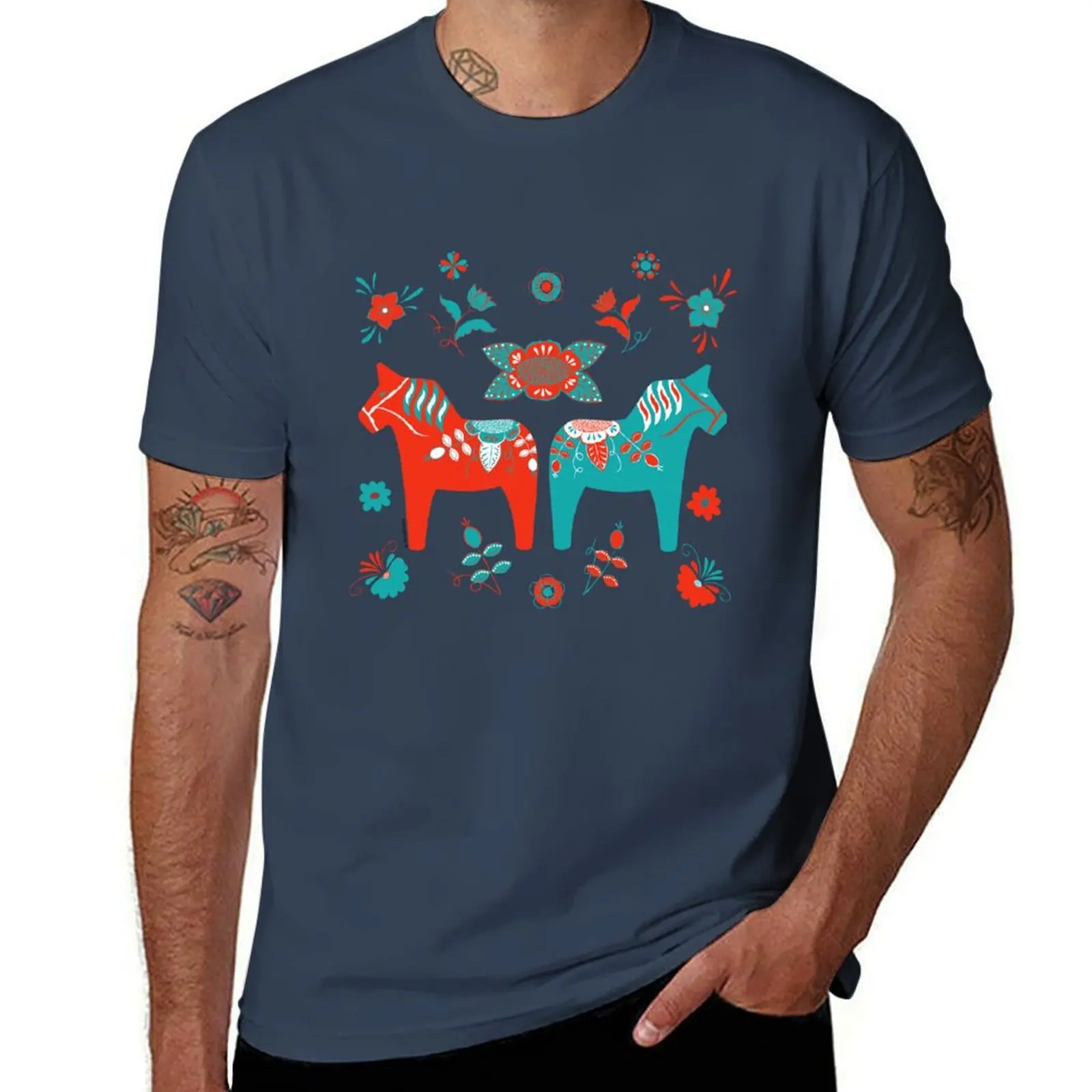 Folk Art - Swedish Dala Horses - Red Turquiose T-Shirt anime tshirt man t shirts for men cotton t shirt pack T-Shirt