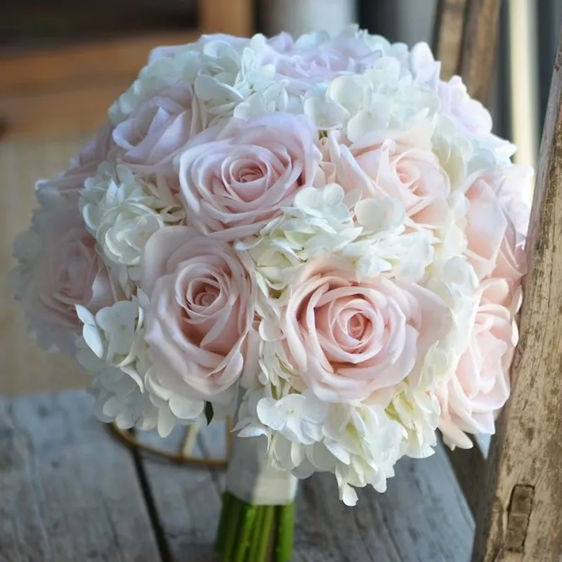 

PEORCHID Faux Real Touch Pink And Ivory White Bridal Bouquet Roses Hydrangeas Rustic Silk Wedding Flowers bridesmaid bouquet