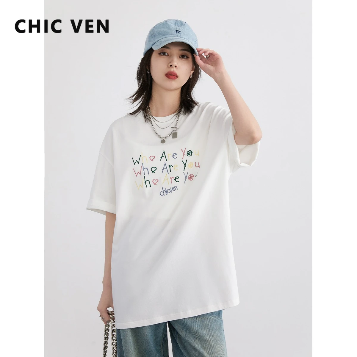 CHIC VEN New Fashion Women T-shirt New Loose Casual O Neck Letter Embroidery Short Sleeve Female Top for Girl Summer 2024