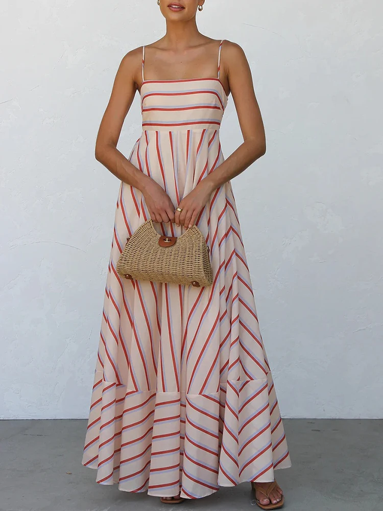 

Элегантное летнее платье макси без рукавов с открытыми плечами, плиссированное, с завышенной талией, повседневное, в полоску, с принтом, на бретельках, для вечеринок