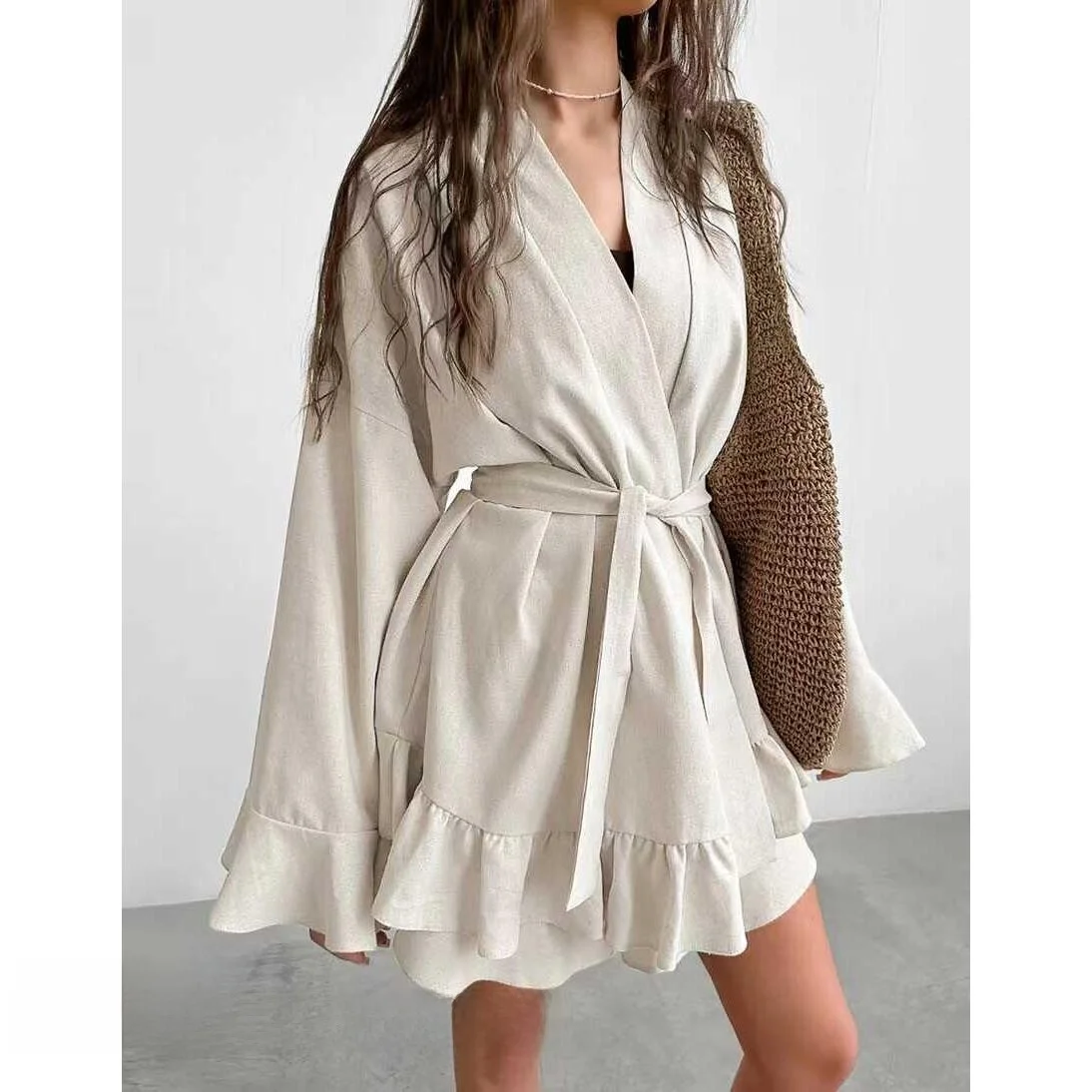 

Lace up Top And orts Set Home Clothes with Pleated Two Piece Set for Women Casual Summer Wear Long Sve V Ne