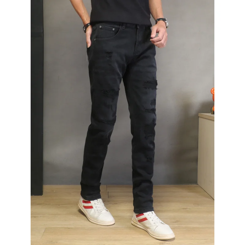 2026 Fall New Arrival Men's Black Ripped Jeans Stretch Slim Small Straight Casual Denim Trousers