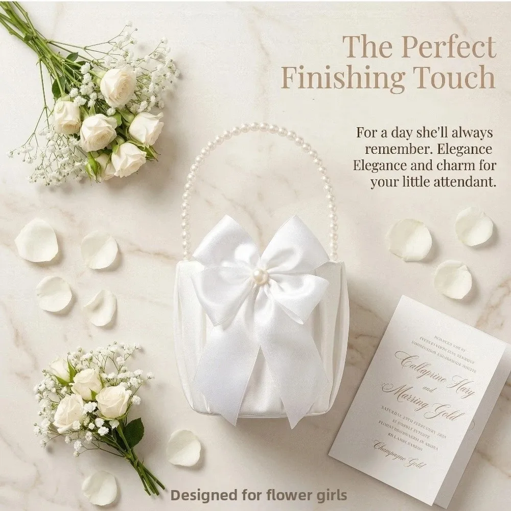 Satin White Wedding Flower Basket Vintage Elegant Pearl Handle Basket Classic Rustic Bowknot Flower Girl Basket Photoshoot Prop image 3