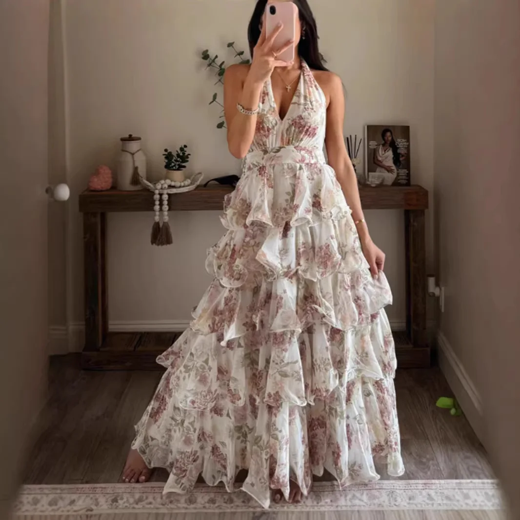 

Flowers Print Halter Neck Leace-up Dresses Women Fashion Sexy V-neck Backless Multi-layer Party Dress Elegant Lady Vestidos New