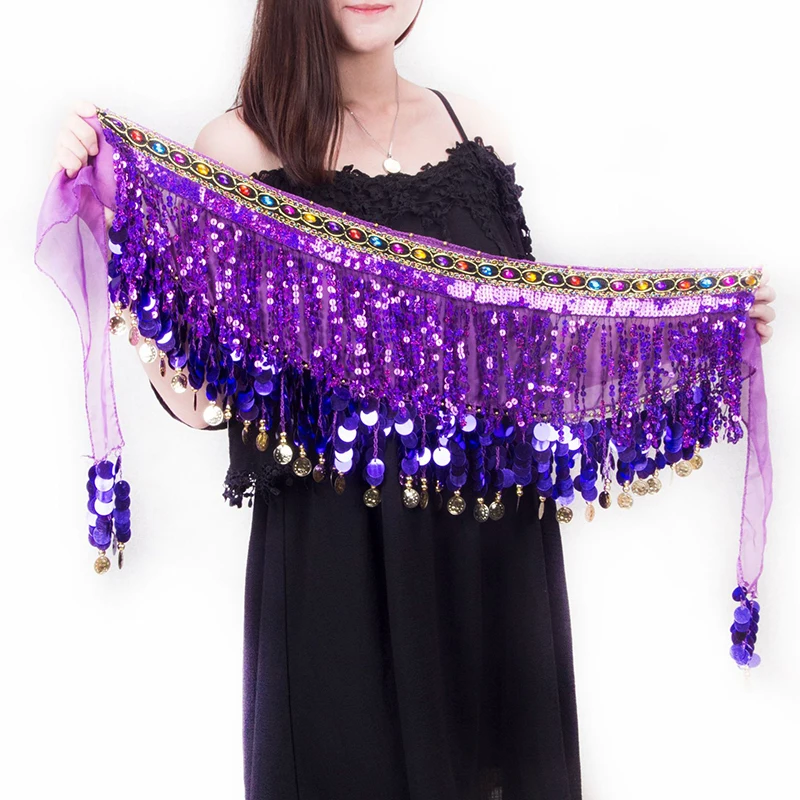 Bufanda de cadera de danza del vientre con lentejuelas colgantes para bailarina, faldas de cadena de cintura, envoltura de 10 colores, Ropa de baile de escenario Linda para mujer
