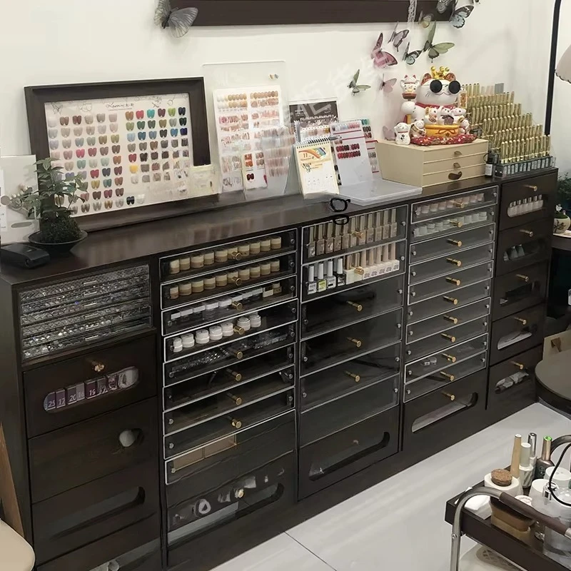 Solid Wood Vintage Style Nail Art Display Cabinet Nail Polish Storage Cabinet  Gel Nail Salon Storage Cabinet