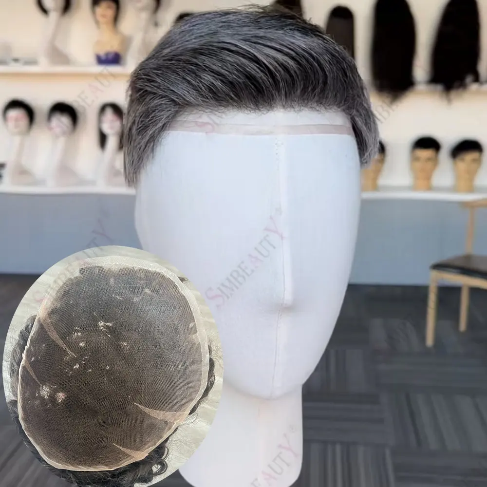 

Men's Capillary Prosthesis Swiss Lace Blonde Grey60r# 1b65Human Hair Toupee For Bladness Full Lace Bleach Knots Natural Hairline
