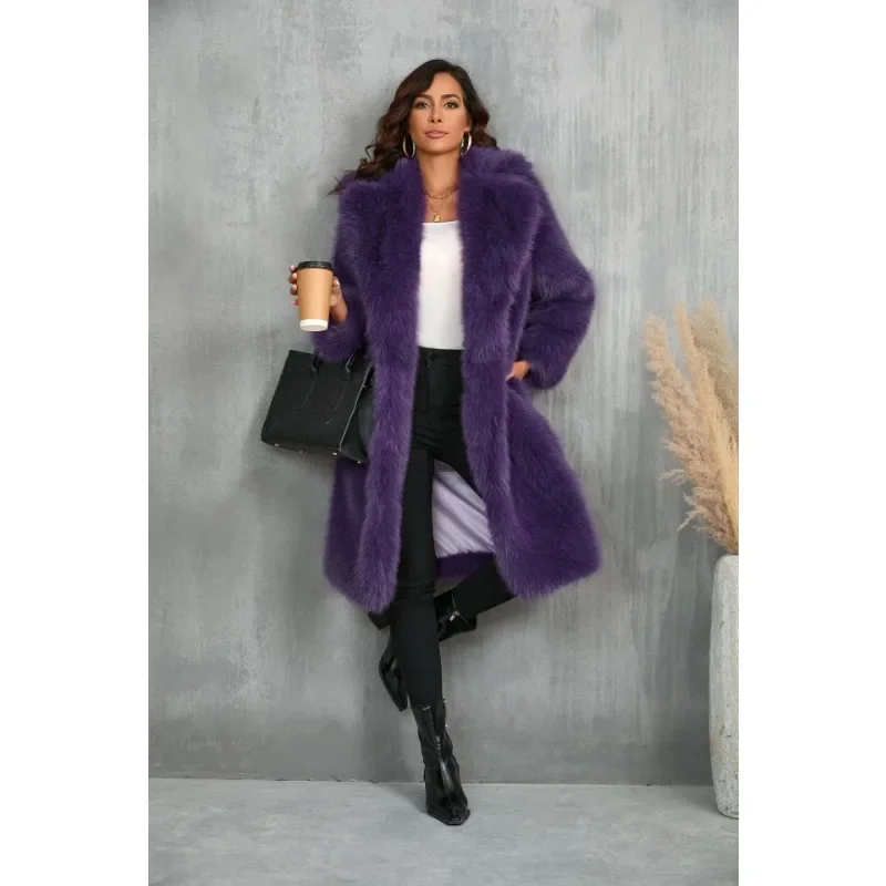 الوردي فو الفراء معطف المرأة الخريف الشتاء سميكة طويلة الأكمام معطف التلبيب جيوب السترات الدافئة متوسطة طويلة أنماط أفخم معطف