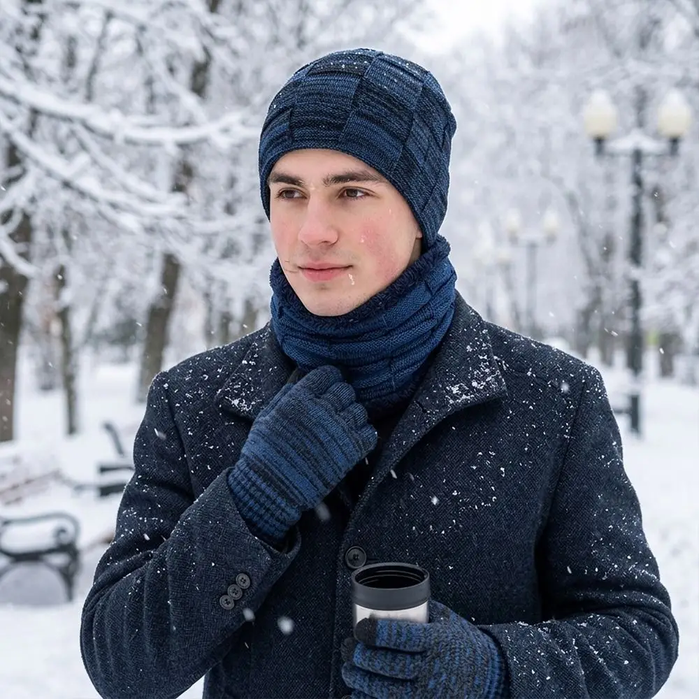 3Pcs/Set Warm Winter Hat Scarf Gloves Set Lining Thicken Scarf Neck Warmer Suit Elastic Windproof Knit Beanie Snood Set