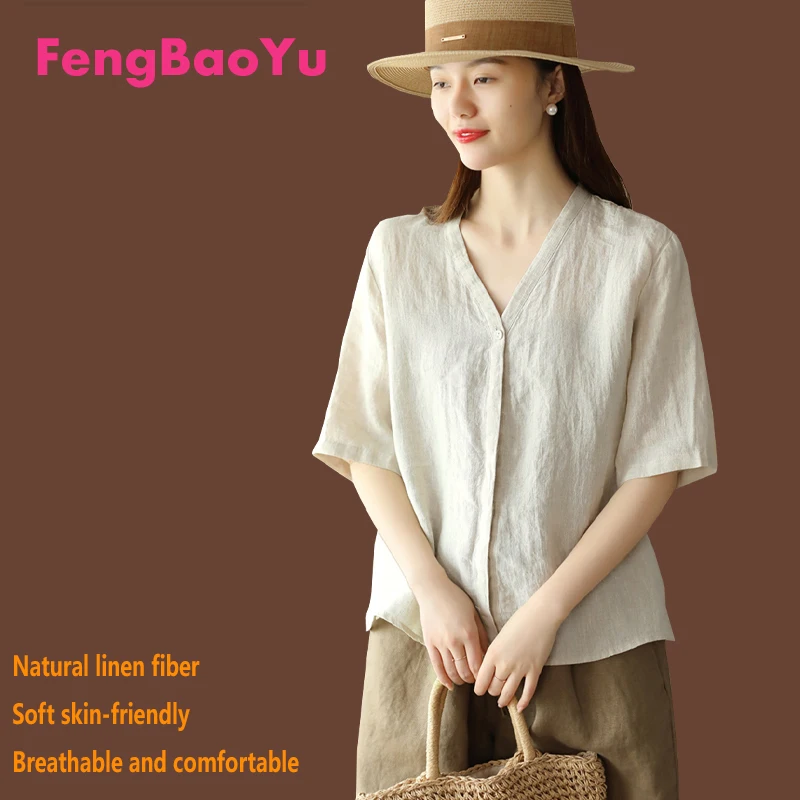 

Natural Pure Linen Women's Shirt, V-neck Retro Style Casual, relaxed and Comfortable Top with Various Combinations Available