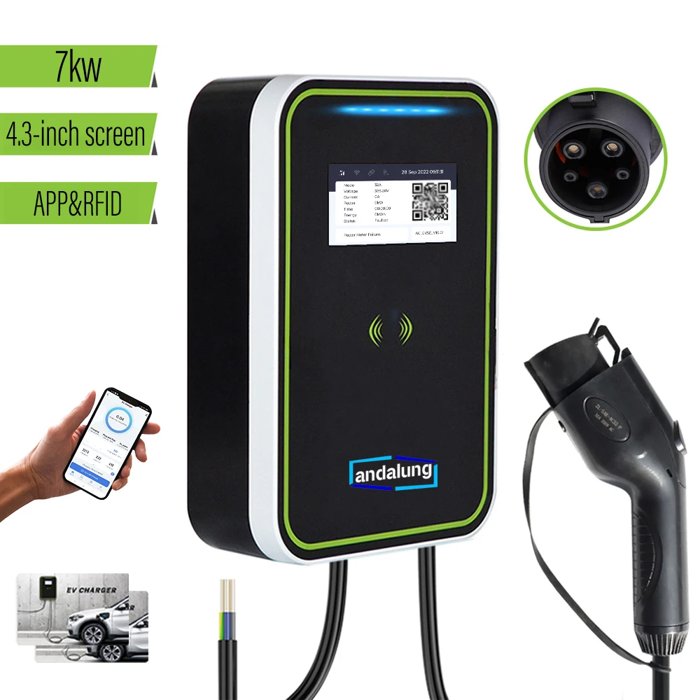 محطة شاحن Andalung 7kw EV GBT 32A EVSE شحن Wallbox Type2 مع التحكم في تطبيق Wifi وبطاقات RFID