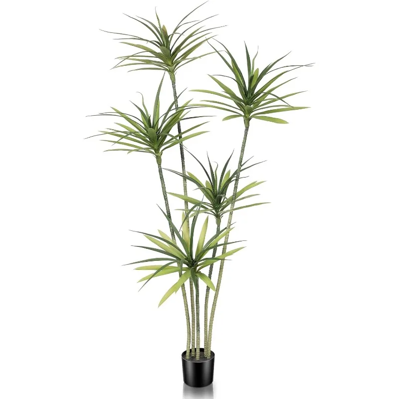 Faux Agave Plant 6ft - Faux Dracaena Tree with 5 Heads in Pot - Artificial Tree for Home Decor Indoor Office Decoration