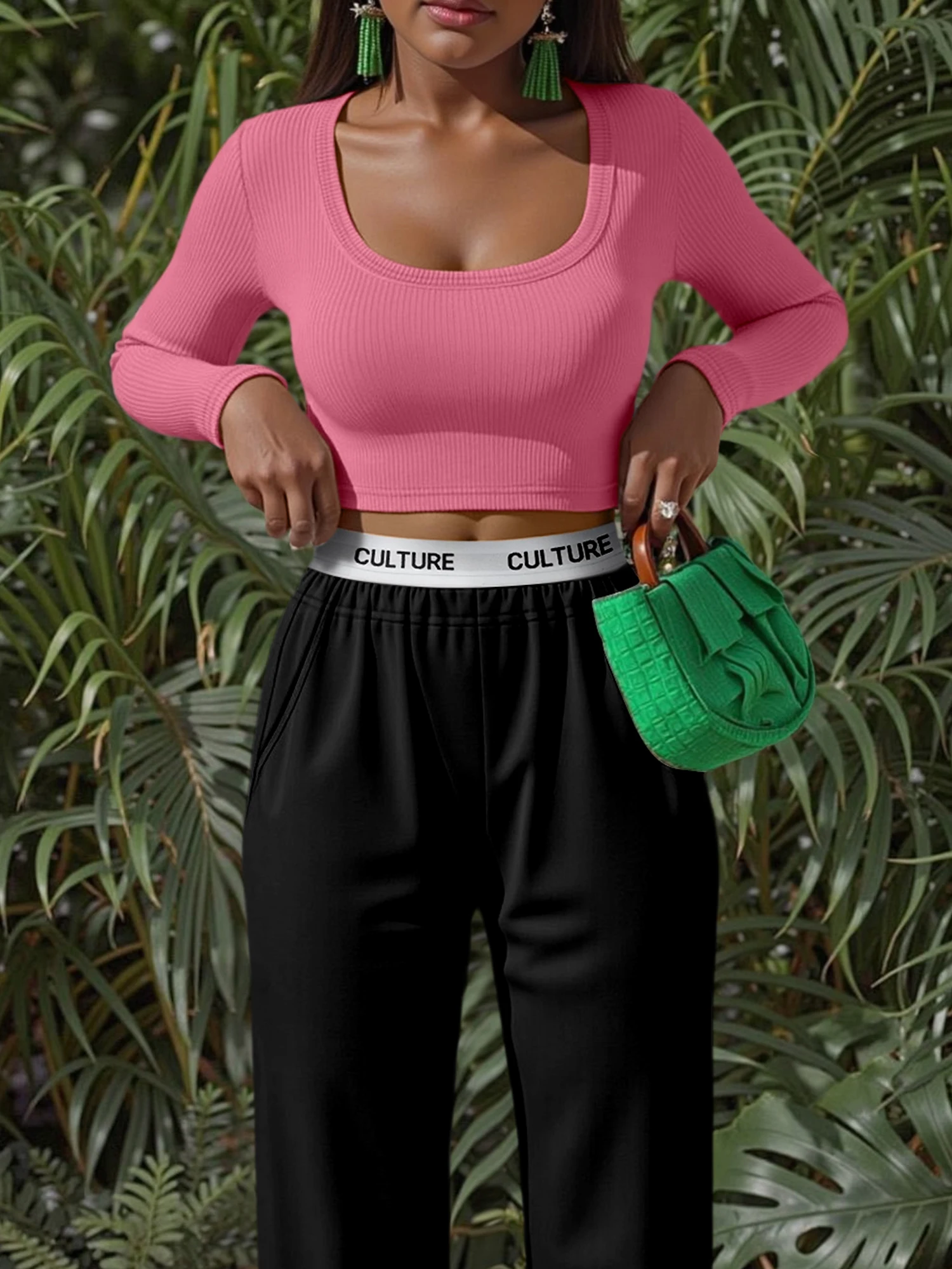 90s Vintage Hot Girl Ribbed Knit Long Sleeve Crop Top Ladies U Neck Slim Elastic Streetwear Blouse