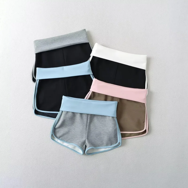 

American Style Summer New Sports Yoga Fitness Color Block Trim Hot Pants Sexy Double Layer High Waist Tight Shorts for Women
