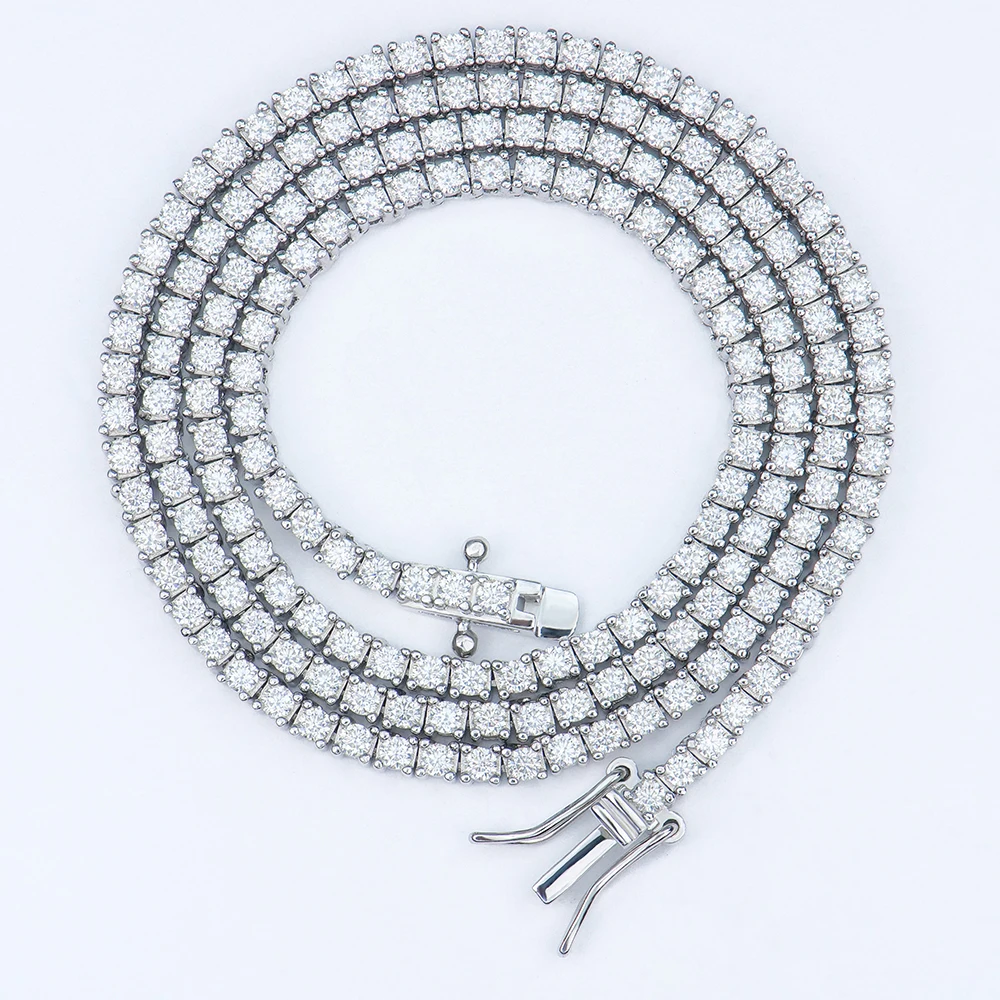 Wholesale Hiphop Jewelry 2mm 925 Silver White Gold Plated Tennis Link Chain Round Brilliant Cut Moissanite Necklace for Men