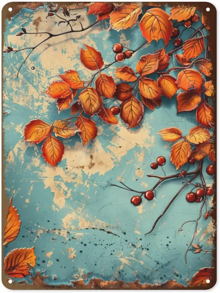Fall Tin Sign - Vintage Metal Autumn Wall Decor for Home, Kitchen, Porch, and Garden - Rustic Fall Harvest and Thanksgiving Deco