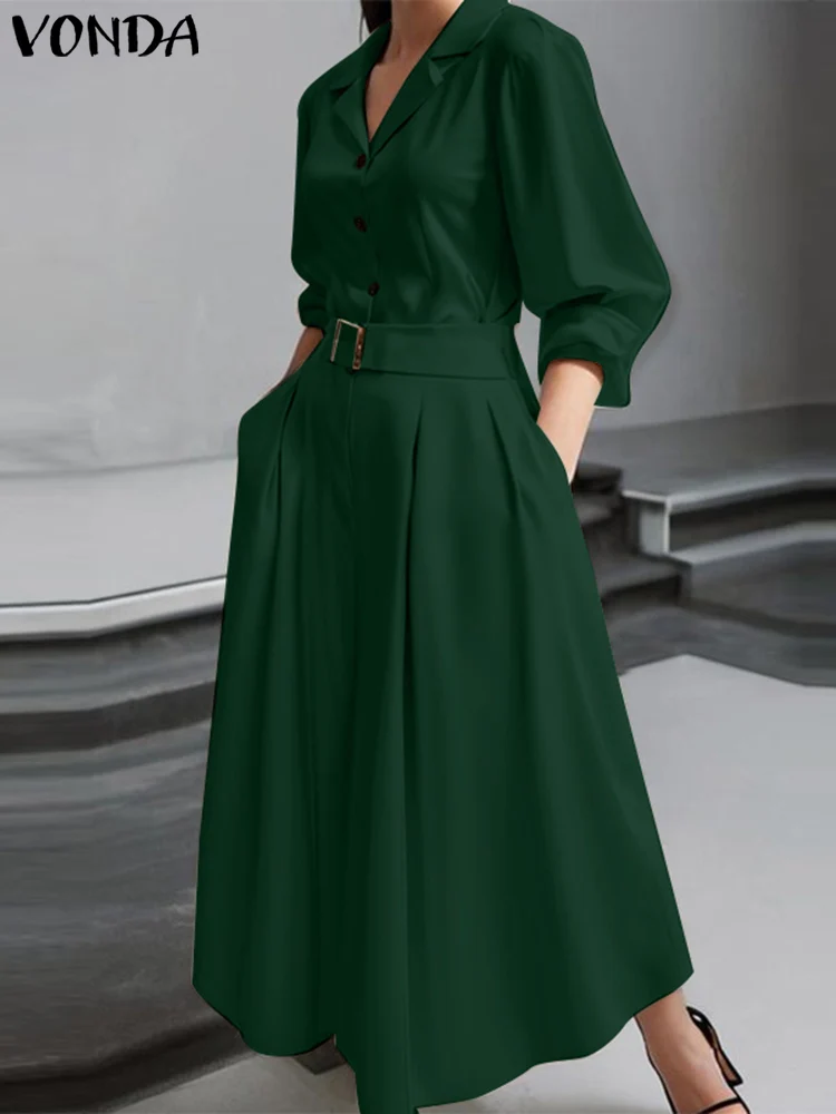 Plus Size VONDA Elegant Women Long Sleeve Maxi Dress 2024 Solid Color Lapel Collar Casual Long Robes Ftting Office Sundress