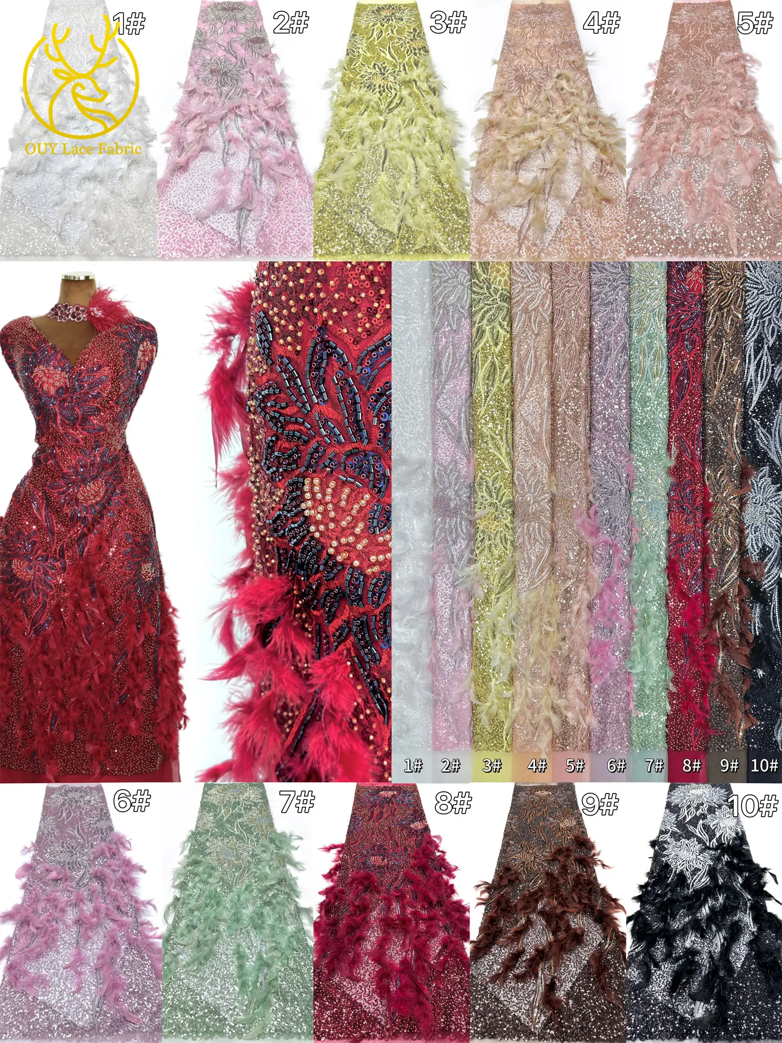 3D High-End Luxus Feder-Stickerei Perlenbesetzter Afrikanischer Spitzenstoff 2026 Nigerianische Französische Pailletten-Spitze für Hochzeitskleider zum Nähen – Detail 3