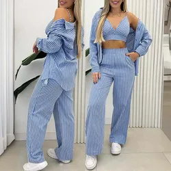 Autumn New Women Blue Striped Three-piece Set Long Sleeve Shirt + Sexy V Neck Vest Top + Casual Pants Suit Clothing Pant Sets