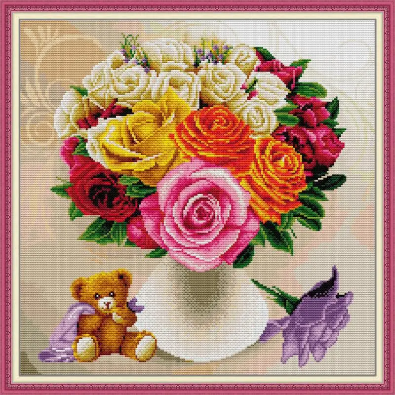 DIY Floral Pattern Cross Stitch Rose Flower Vase 14CT 11CT Count Printed Canvas Fabric Embroidery Kit Dining Room Decor Painting