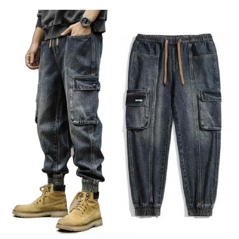 Autumn Winter Leg Tied Pants Retro Washed Workwear Jeans Men Denim Pants Loose Harem Pants