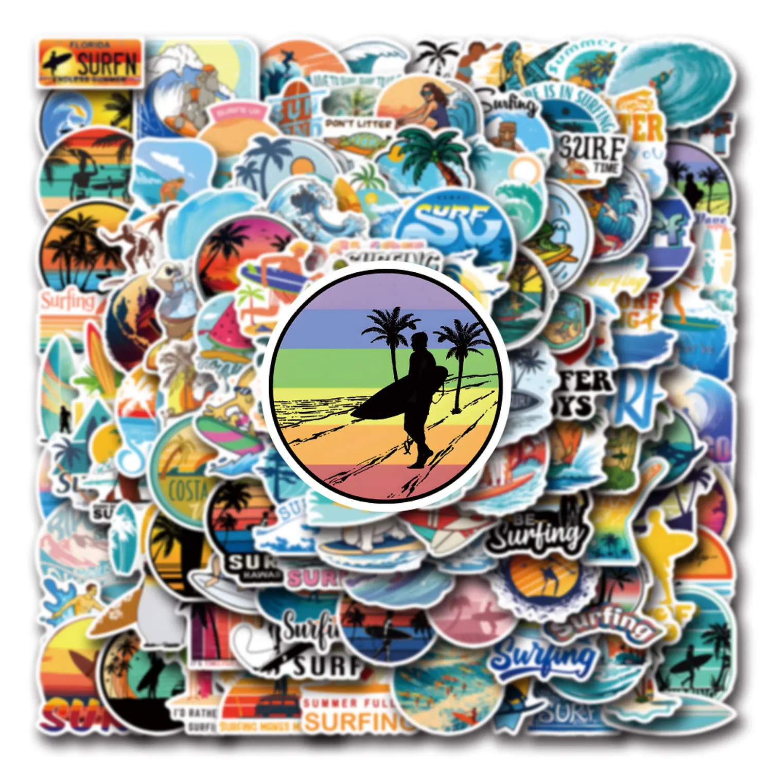 Engraçado Praia Cartoon Adesivos, Cool Surf, Decalques Exercício, DIY, Laptop, Telefone, Guitarra, Skate, Graffiti Toy, 10Pcs, 30 Pcs, 50 Pcs, 110Pcs